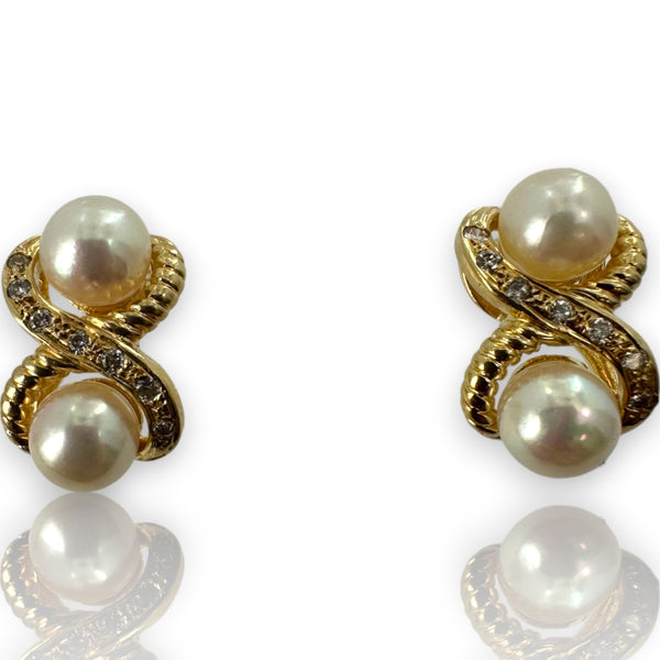 Pearl and Diamond Twist Cable Drop 14kt Solid Yellow Gold Pierced Earrings