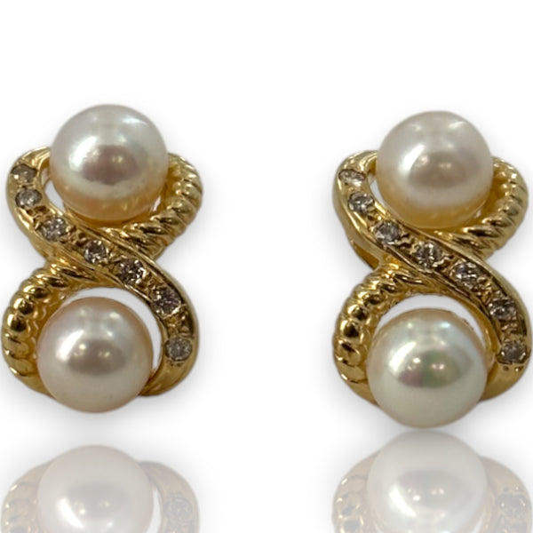 Pearl and Diamond Twist Cable Drop 14kt Solid Yellow Gold Pierced Earrings