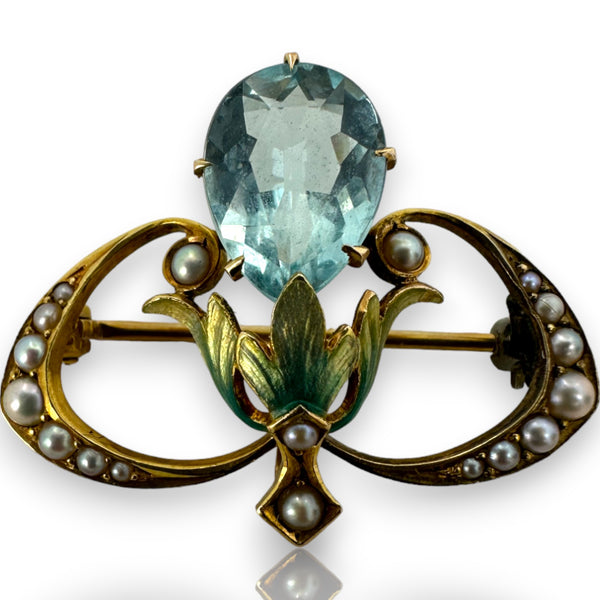 Antique Art Nouveau Aquamarine & Seed Pearl 14kt Gold Enamel Krementz & Co Pendant/Brooch