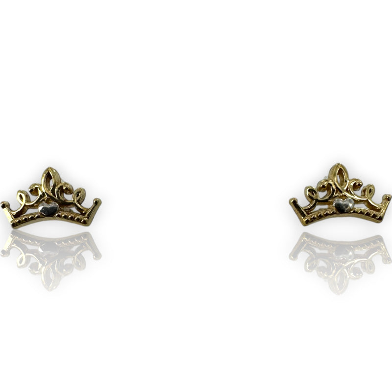 Kids 10kt 2-tone Solid Yellow and White Gold Pierced Tiara Crown Screw Back Earrings