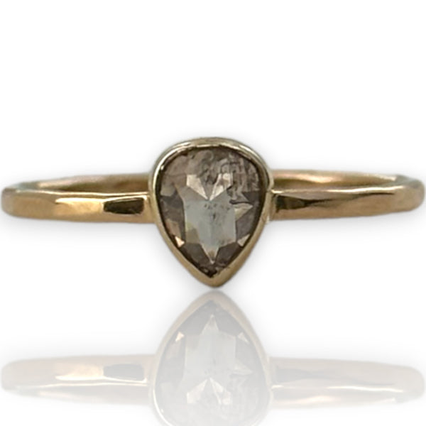 Melissa Joy Manning Solid 18kt Recycled Yellow Hammered Gold Bezel Set Pear Shaped Brown Diamond Solitaire Ring Size 5.75
