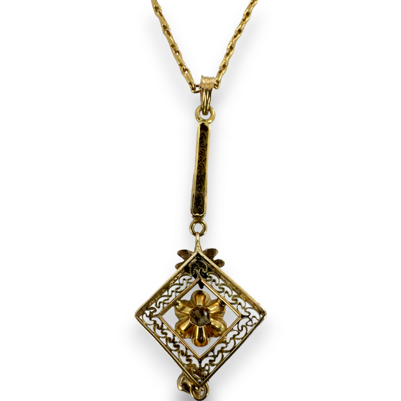 Antique Yellow Gold and Diamond Filigree Pendant Necklace 14KT 585