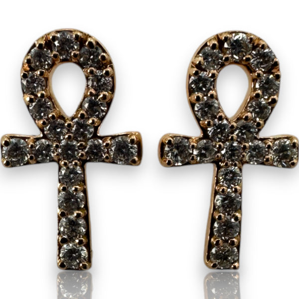 Diamond Ankh Egyptian Hieroglyph Solid 14k Rose Gold Stud Earrings