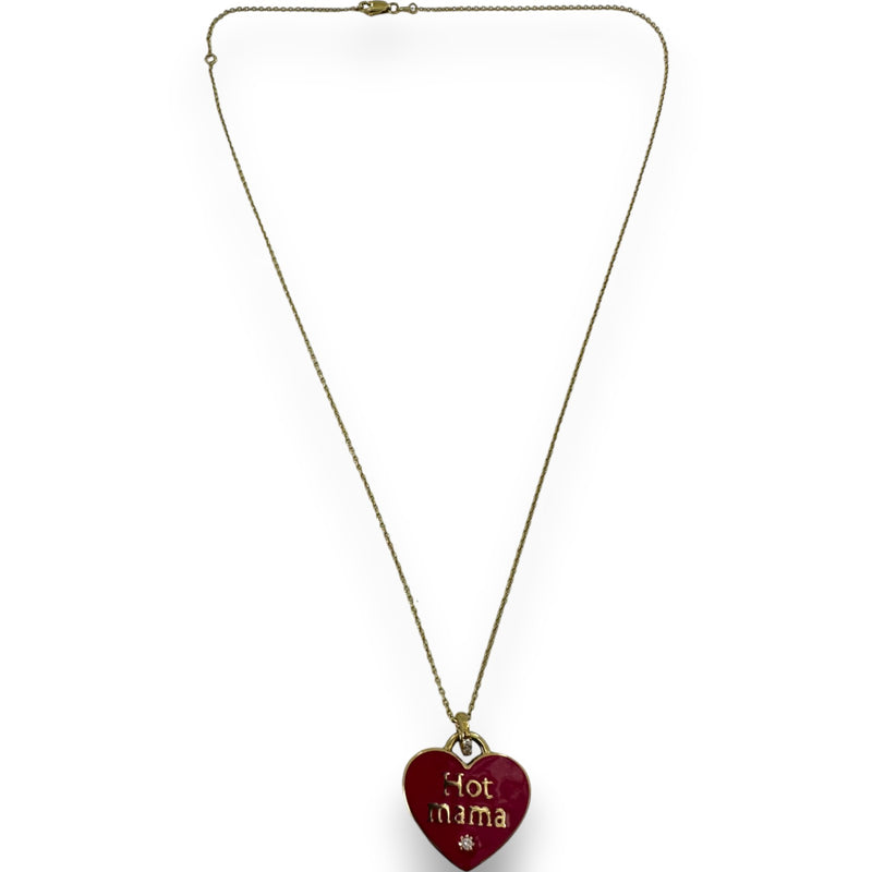 My Story Fine Jewelry "Hot Mama" Solid 14kt Yellow Gold Enamel and Diamond Hot Pink Fuschia Heart Pendant Necklace with Adjustable 16-18" Chain