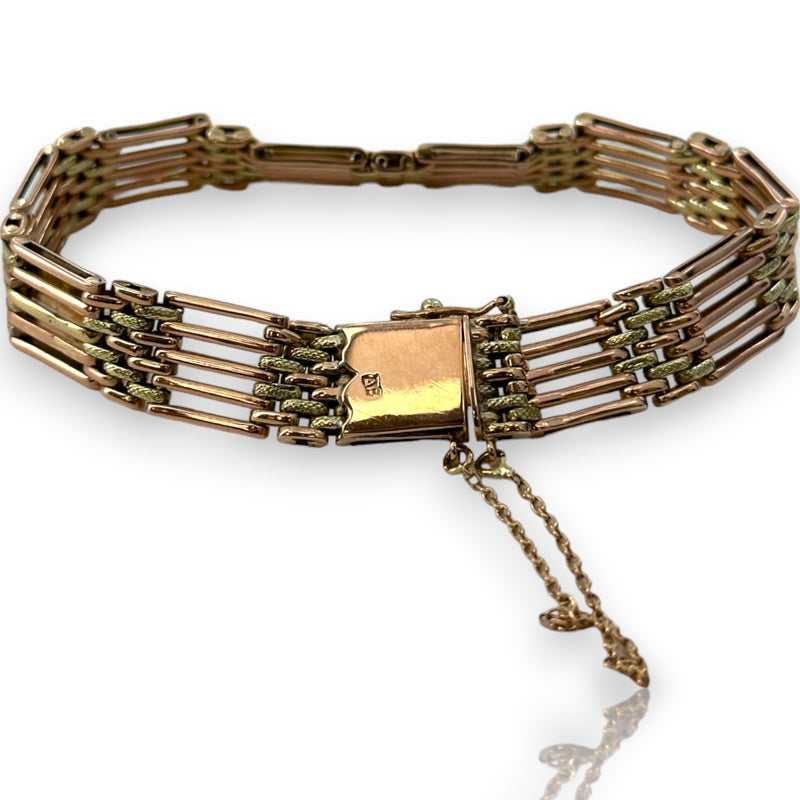 Antique 1908-1927 Russian Solid 14kt Two-Tone Yellow and Rose Gold Gate Bracelet with Safety Chain and Figure 8 Safety Clasp Kokoshnik Hallmarked 7.5" Length