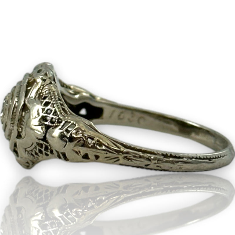 Antique Art Deco 1920-30s Solid 18kt White Gold Filigree and Transitional Cut Diamond Ring Size 7