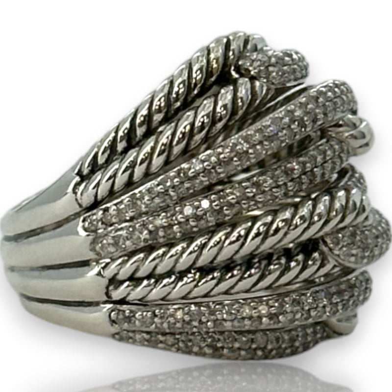 David Yurman DY Solid 925 Sterling Silver Quadruple Loops Diamond Pave Labyrinth Cable Ring Size 6