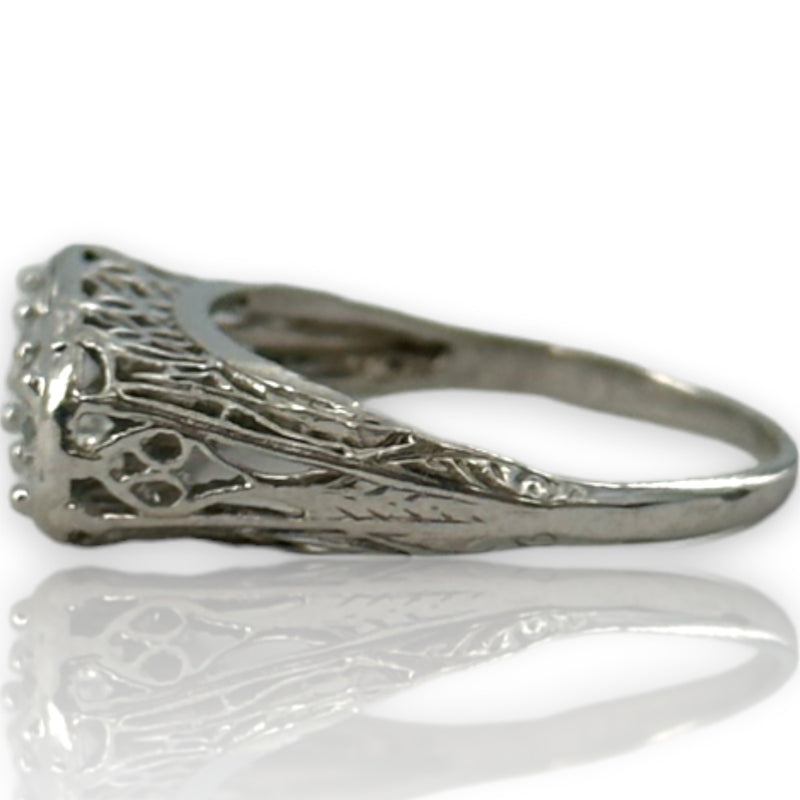 Antique Art Deco Solid 14kt White Gold Rhodium Plated Filigree Ring with 0.66ctw Replaced Modern Brilliant Diamonds Size 5.25