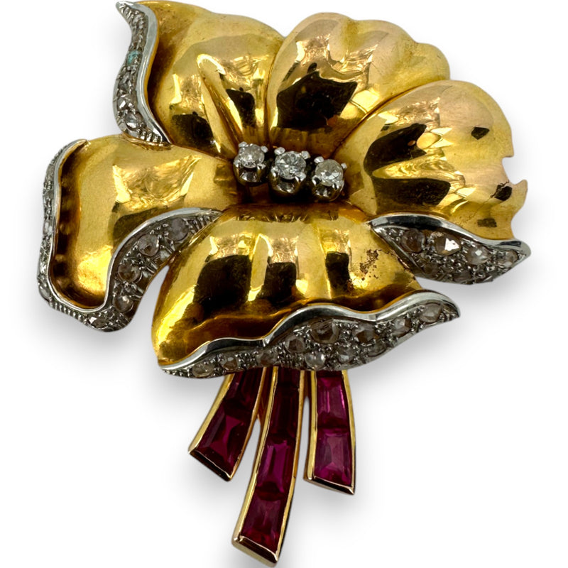 Vintage Retro Era 1930s-1940s Fur Clip Brooch Solid 18k Heavy Yellow Gold with Old Mine and Rose Cut Diamonds and Synthetic Accent Rubies