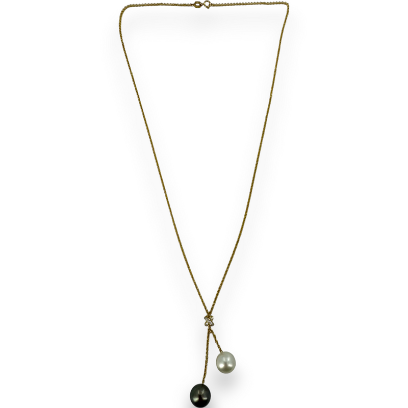 Diamond Tahitian and South Sea Pearl Lariat Necklace 18KT 750 Yellow Gold