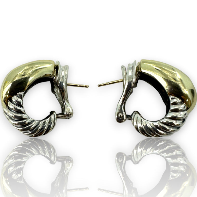 David Yurman Signed Labyrinth Collection Solid 14k Yellow Gold 925 Sterling Silver Omega-Back Clamp Earrings