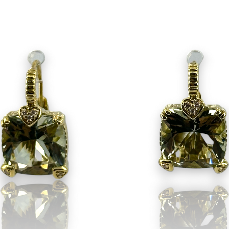 Judith Ripka 18KT 750 Yellow Gold Diamond Green Quartz Drop Earrings