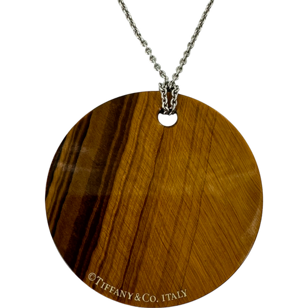 Tiffany & Co. Notes Tiger Eye Round Pendant and Sterling Chain Necklace 925