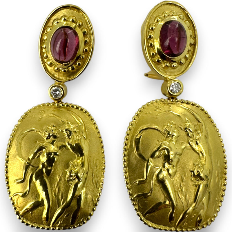 SeidenGang ATHENA 18k 1980-90s Solid Yellow Gold Pink Tourmaline and Diamond Roman Revival Pierced Omega Back Drop Dangle Earrings