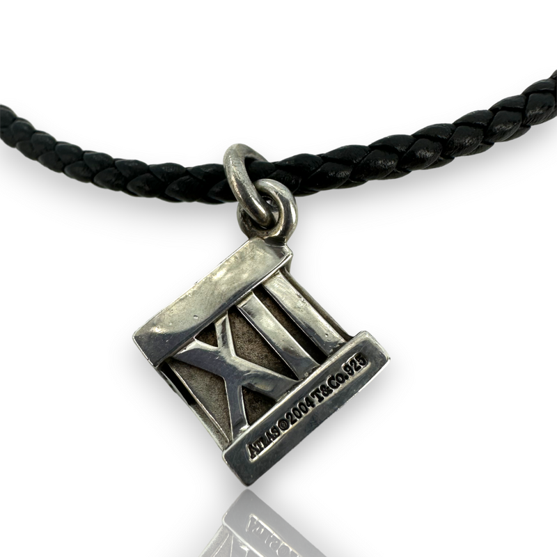 Tiffany & Co 925 Sterling Silver Atlas Cube Roman Numeral Charm Pendant Leather Necklace