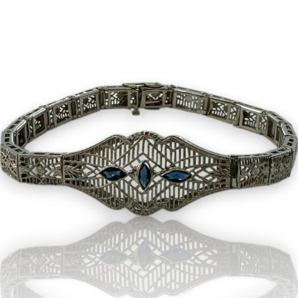 Antique c1920s Die-Struck Solid 14kt White Gold Filigree Openwork Bracelet with Lab Grown Sapphires Length 6.5"