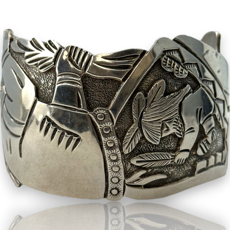 Floyd Becenti Jr & Lloyd Becenti Rain Dance Indian Motif Bangle Bracelet Cuff 925 Sterling Silver