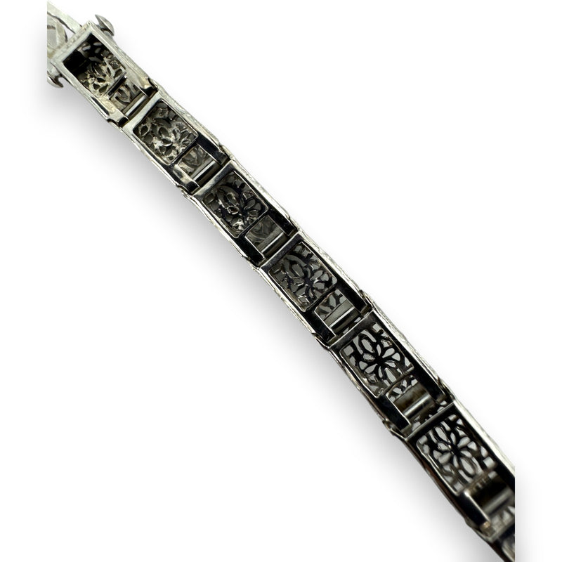 Antique 1920-30s Art Deco Era Filigree Bracelet with Transitional and Single Cut Diamonds and Glass Emeralds 7" Length