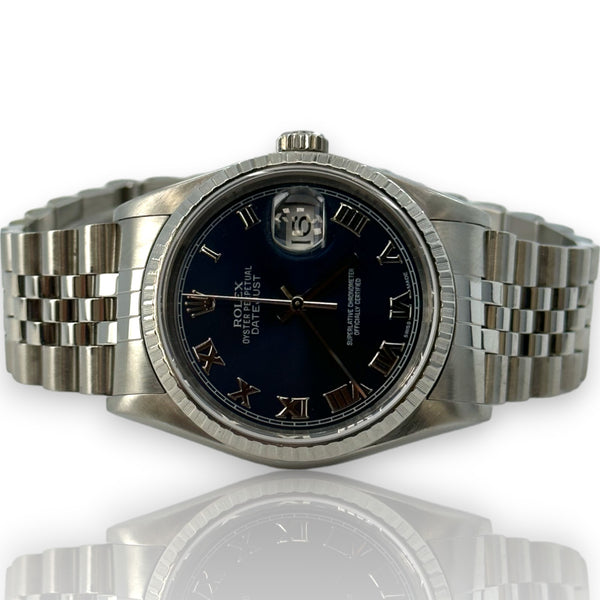 Rolex 16220 Datejust 36mm Stainless Steel Blue Roman 1996 Watch B&P