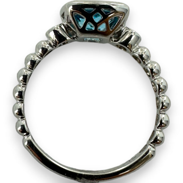 Legacy Custom Jewelers Solid 14kt White Gold and Bezel Set Blue Topaz Ring with Two Diamond Accent Stones and Granulation Style Band Size 7