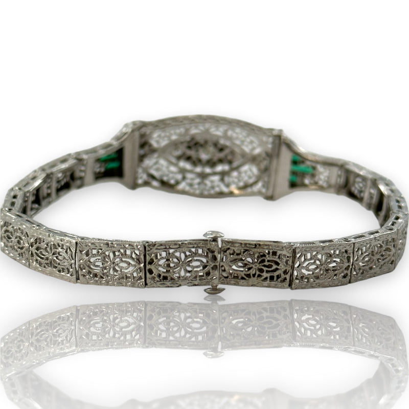 Antique 1920-30s Art Deco Era Filigree Bracelet with Transitional and Single Cut Diamonds and Glass Emeralds 7" Length