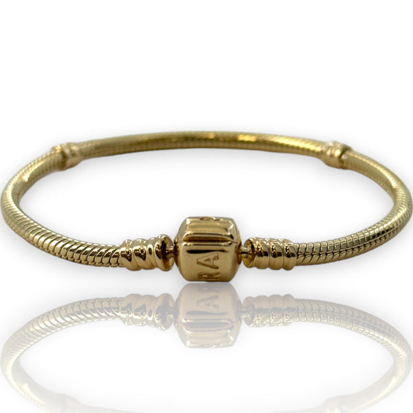 Pandora Moments Collection Solid 14kt Yellow Gold Snake Chain Bracelet with Stoppers for Charms and Cylinder Clasp Length 7"