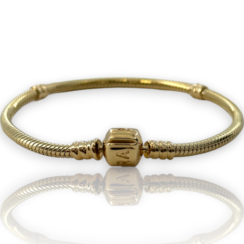 Pandora Moments Collection Solid 14kt Yellow Gold Snake Chain Bracelet with Stoppers for Charms and Cylinder Clasp Length 7"