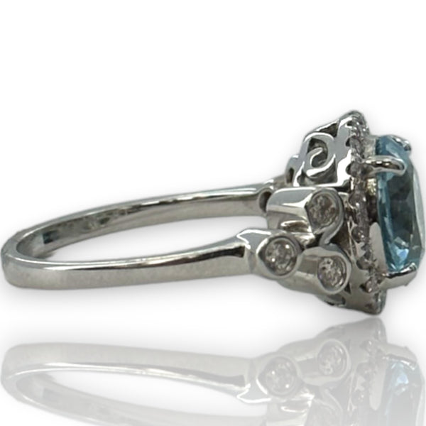 Blue Topaz Solitaire Ring with Diamond Halo and Accents Size 7 Solid 14kt White Gold