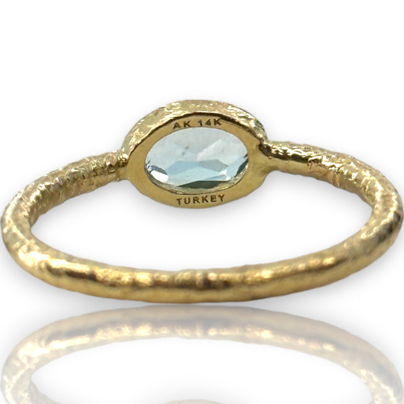 Atasay Solid 14kt Yellow Hammered Gold Ring with Horizontal Bezel Set Oval Aquamarine Solitaire Size 5 Made in Turkey