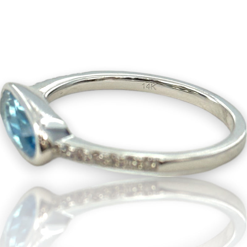 Skewes Jewelry Solid 14kt White Gold Horizontal Set Swiss Blue Topaz Stackable Fashion Ring with Diamond Accent Band Size 7