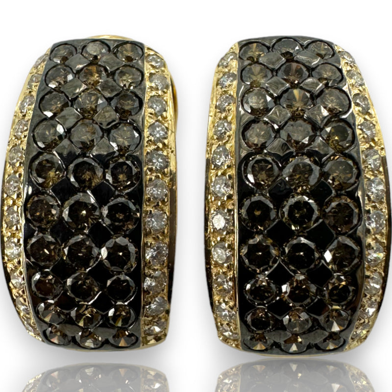 LeVian Signed 14k Yellow Gold Solid Cognac Chocolate Diamonds Accent White Diamonds Omega Back Cuff Style Stud Earrings