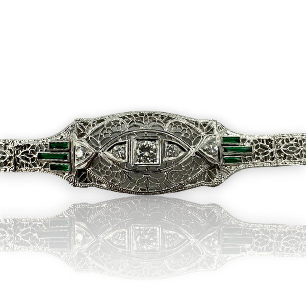 Antique 1920-30s Art Deco Era Filigree Bracelet with Transitional and Single Cut Diamonds and Glass Emeralds 7" Length