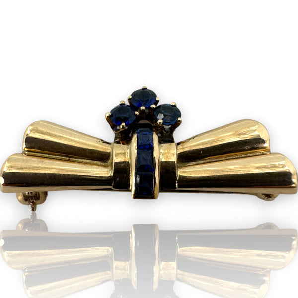 Retro Era 1930-50s Lab Created Sapphire 14k Yellow Gold Brooch Pin
