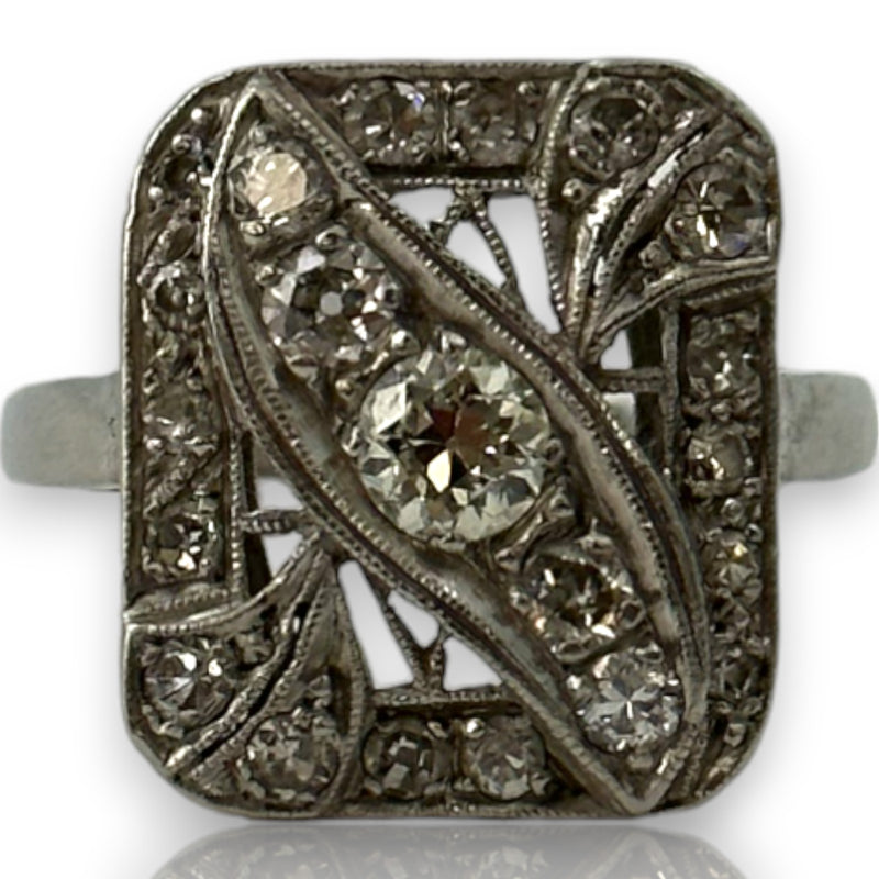 Antique Art Deco 1920s Solid 900 Platinum Handmade Filigree Cocktail Ring with Old European and Old Mine Cut Diamonds Size 7