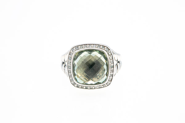 David Yurman 11mm Albion Sterling Silver 925 Prasiolite & Diamond Ring Size 6