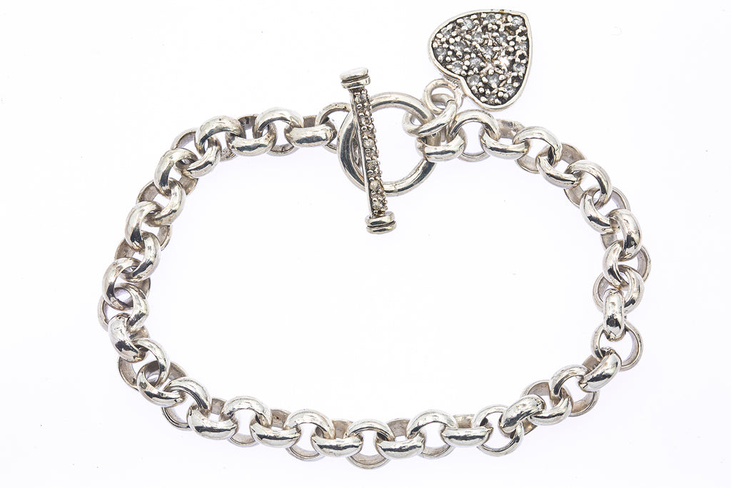 925 Solid Silver Toggle Heart Charm Bracelet Rolo Link 